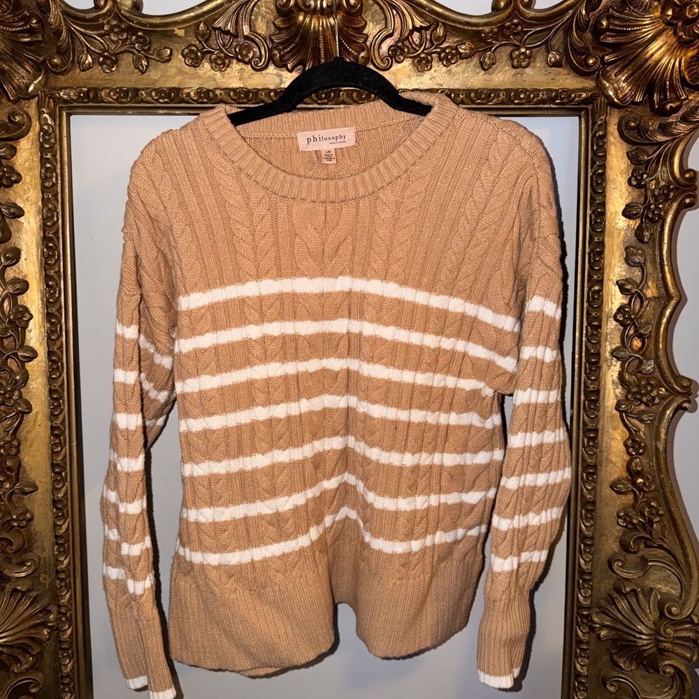 Philosophy Camel and White Striped Crew Neck Sweater US LG